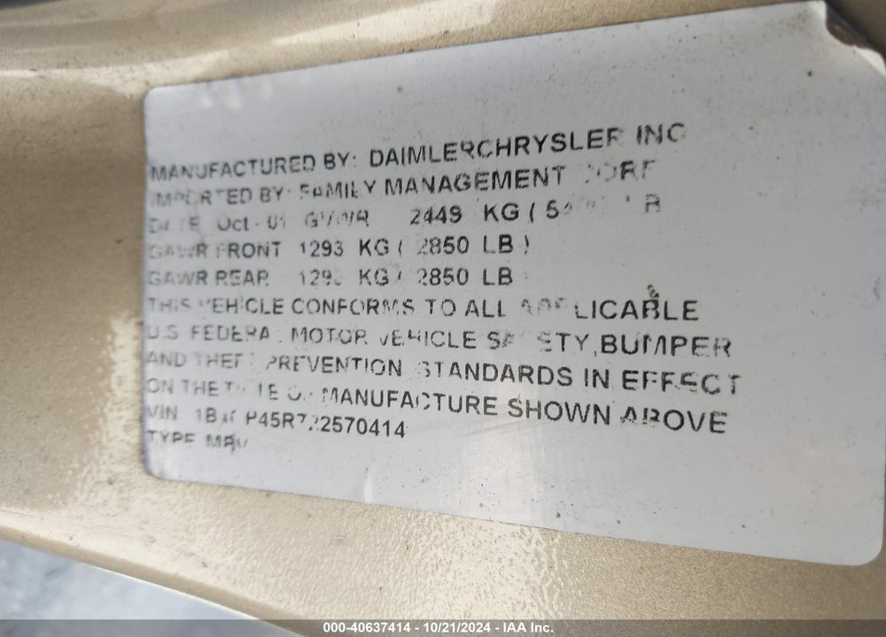 2002 DODGE CARAVAN VIN: 1B4GP45R72B570414