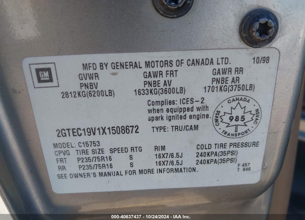 1999 GMC SIERRA 1500 SL/SLE VIN: 2GTEC19V1X1508672