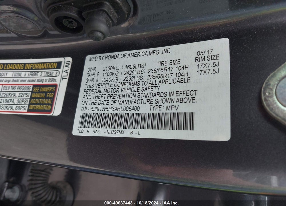 2017 HONDA CR-V LX VIN: 5J6RW5H39HL005400