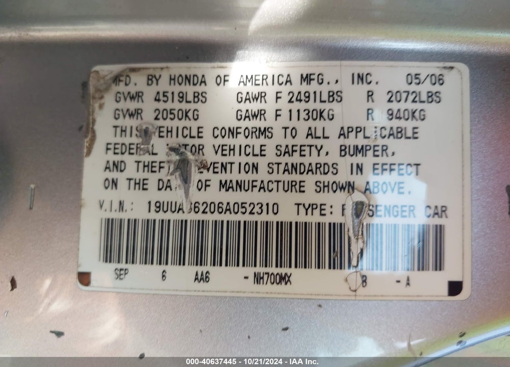 2006 ACURA TL VIN: 19UUA66206A052310