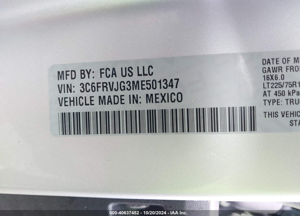 2021 RAM PROMASTER 3500 CARGO VAN HIGH ROOF 159 WB EXT VIN: 3C6FRVJG3ME501347