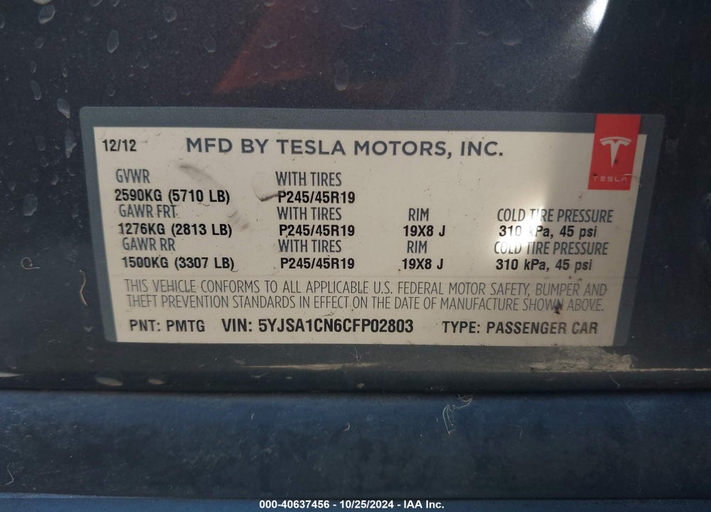 2012 TESLA MODEL S SIGNATURE VIN: 5YJSA1CN6CFP02803