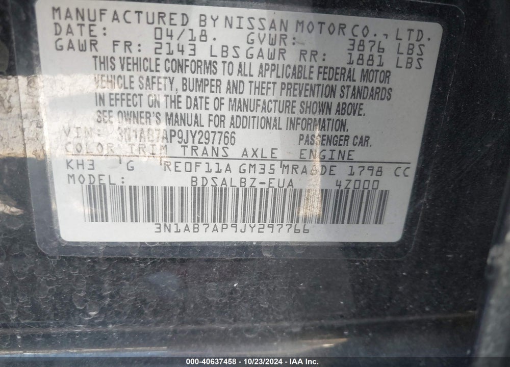2018 NISSAN SENTRA S VIN: 3N1AB7AP9JY297766