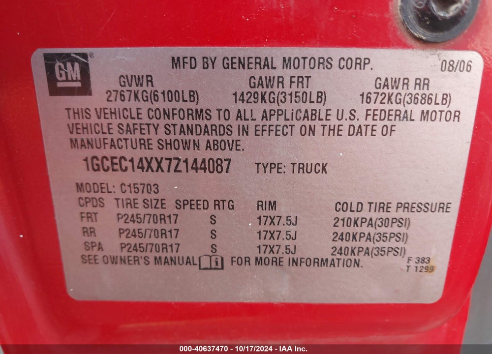 2007 CHEVROLET SILVERADO 1500 CLASSIC WORK TRUCK VIN: 1GCEC14XX7Z144087