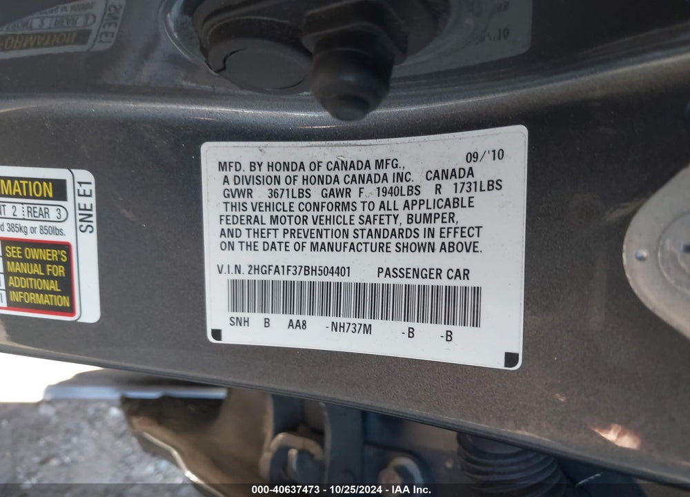 2011 HONDA CIVIC VP VIN: 2HGFA1F37BH504401