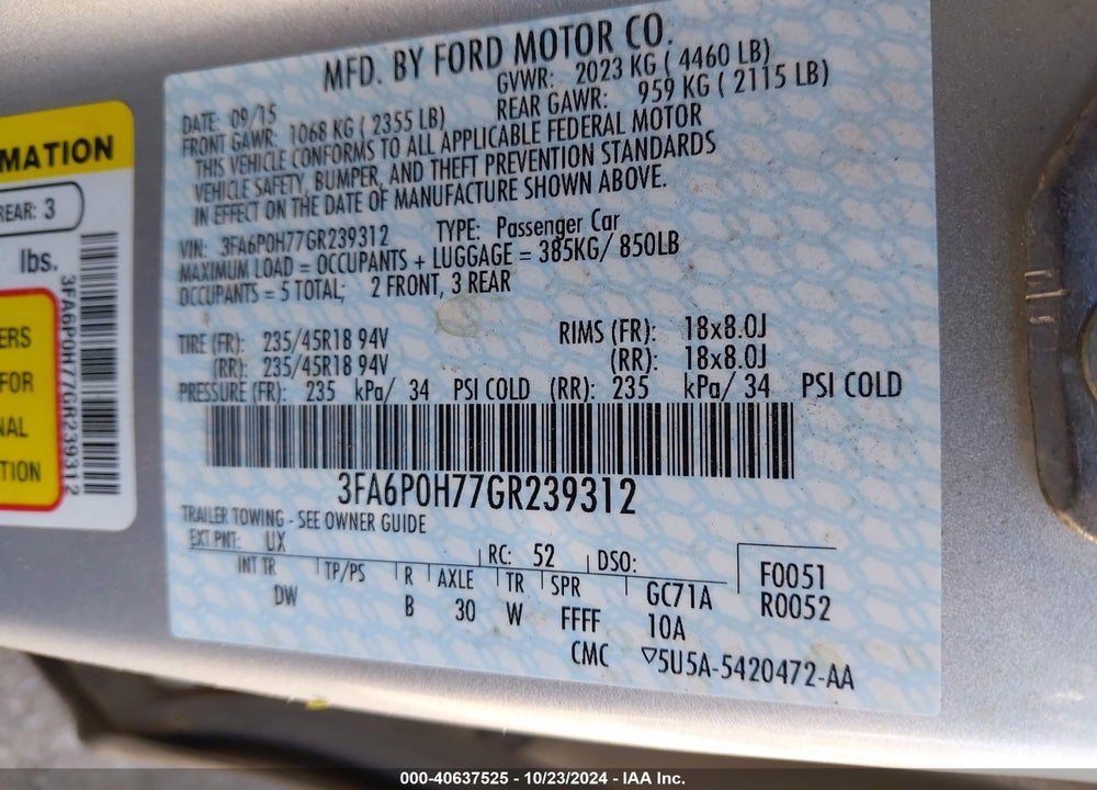 2016 FORD FUSION SE VIN: 3FA6P0H77GR239312