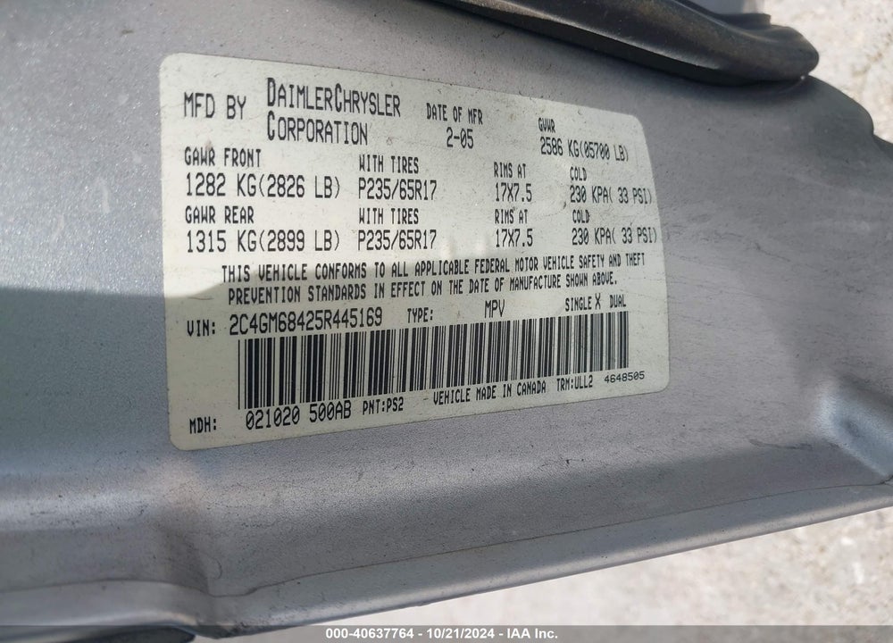 2005 CHRYSLER PACIFICA TOURING VIN: 2C4GM68425R445169