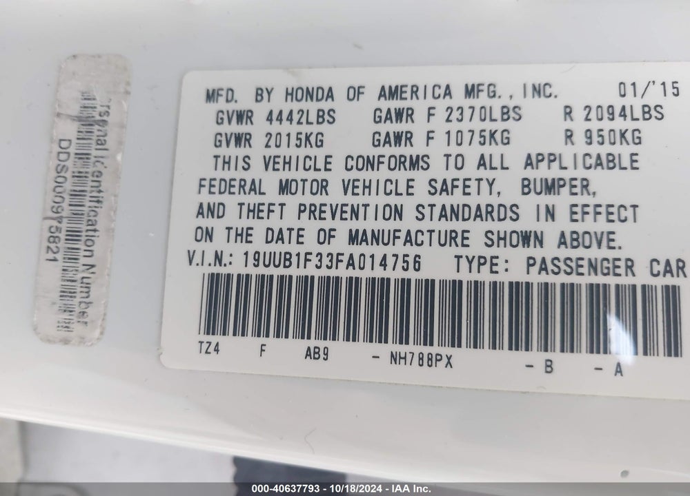 2015 ACURA TLX VIN: 19UUB1F33FA014756