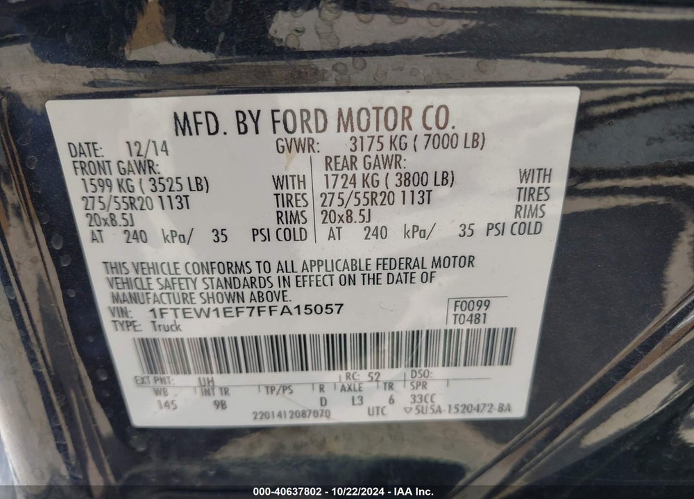 2015 FORD F-150 PLATINUM VIN: 1FTEW1EF7FFA15057