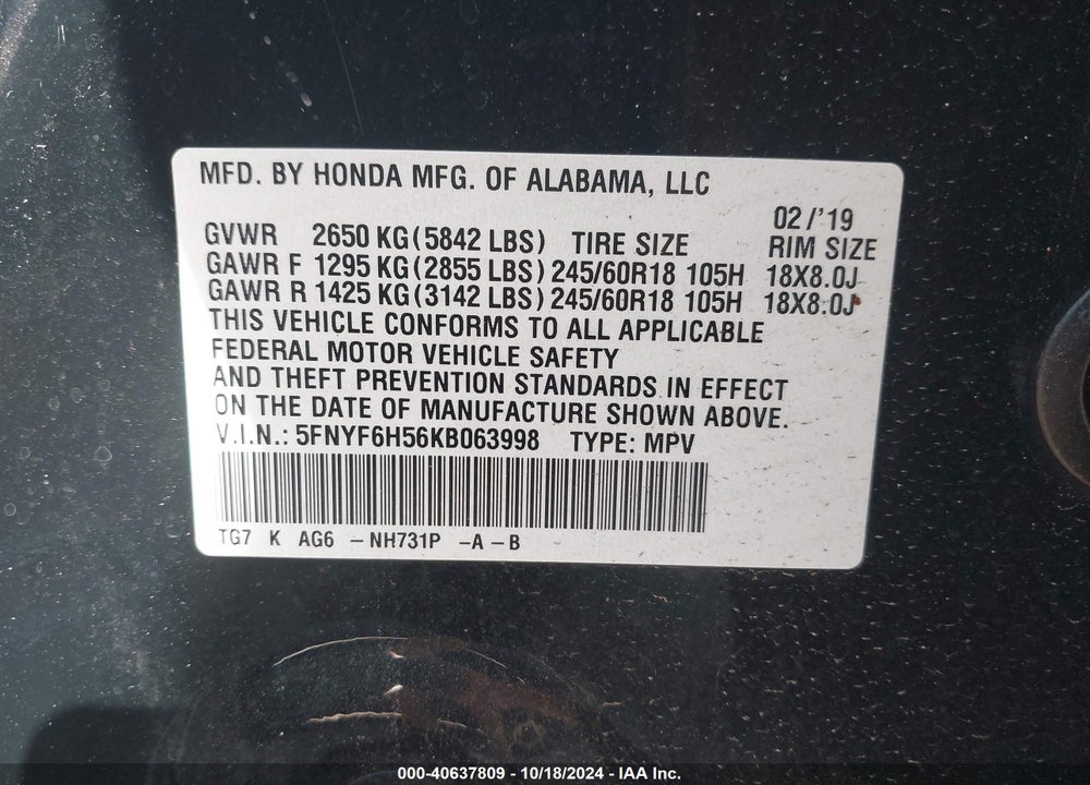 2019 HONDA PILOT EX-L VIN: 5FNYF6H56KB063998