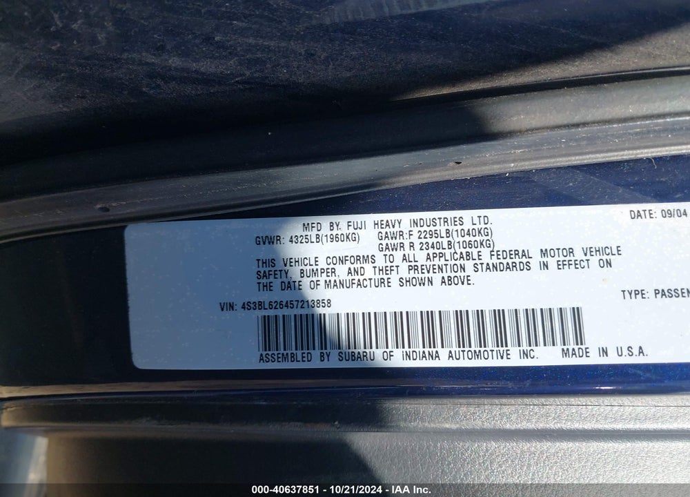2005 SUBARU LEGACY 2.5I LIMITED VIN: 4S3BL626457213858