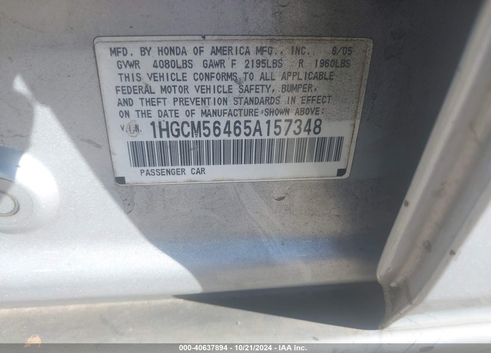 2005 HONDA ACCORD 2.4 LX VIN: 1HGCM56465A157348