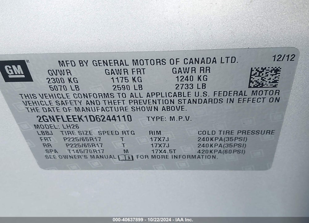 2013 CHEVROLET EQUINOX 1LT VIN: 2GNFLEEK1D6244110