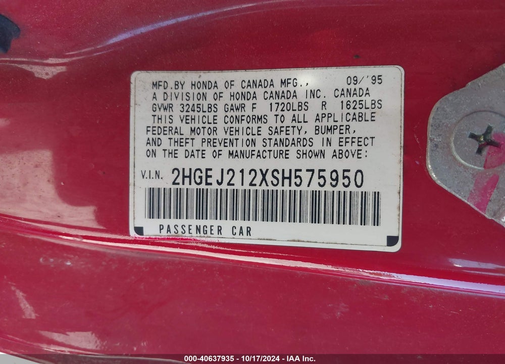 1995 HONDA CIVIC VIN: 2HGEJ212XSH575950