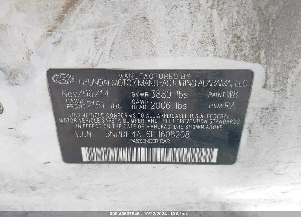 2015 HYUNDAI ELANTRA SE VIN: 5NPDH4AE6FH608208