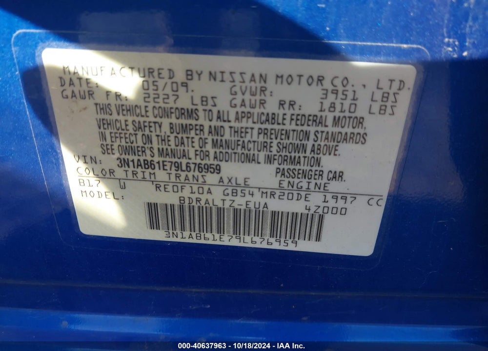 2009 NISSAN SENTRA 2.0SR VIN: 3N1AB61E79L676959