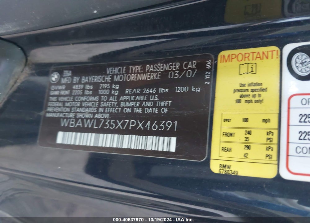2007 BMW 335I VIN: WBAWL735X7PX46391