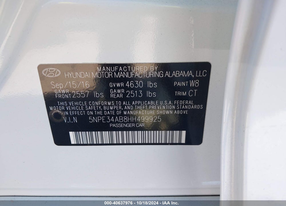 2017 HYUNDAI SONATA SPORT 2.0T VIN: 5NPE34AB8HH499925