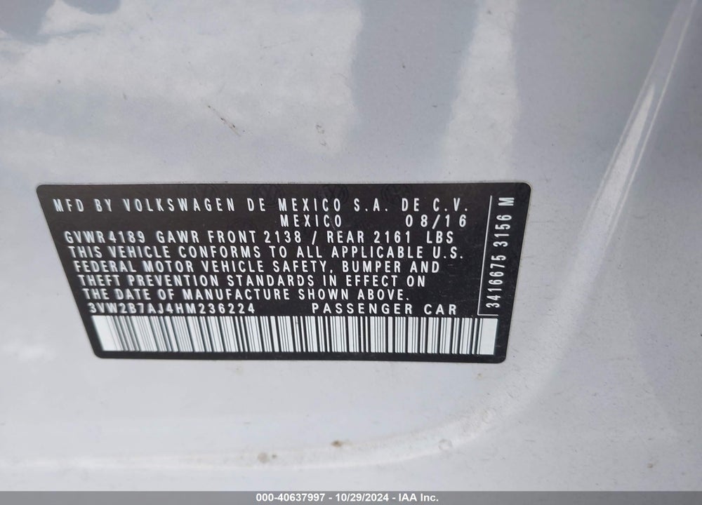 2017 VOLKSWAGEN JETTA 1.4T S VIN: 3VW2B7AJ4HM236224