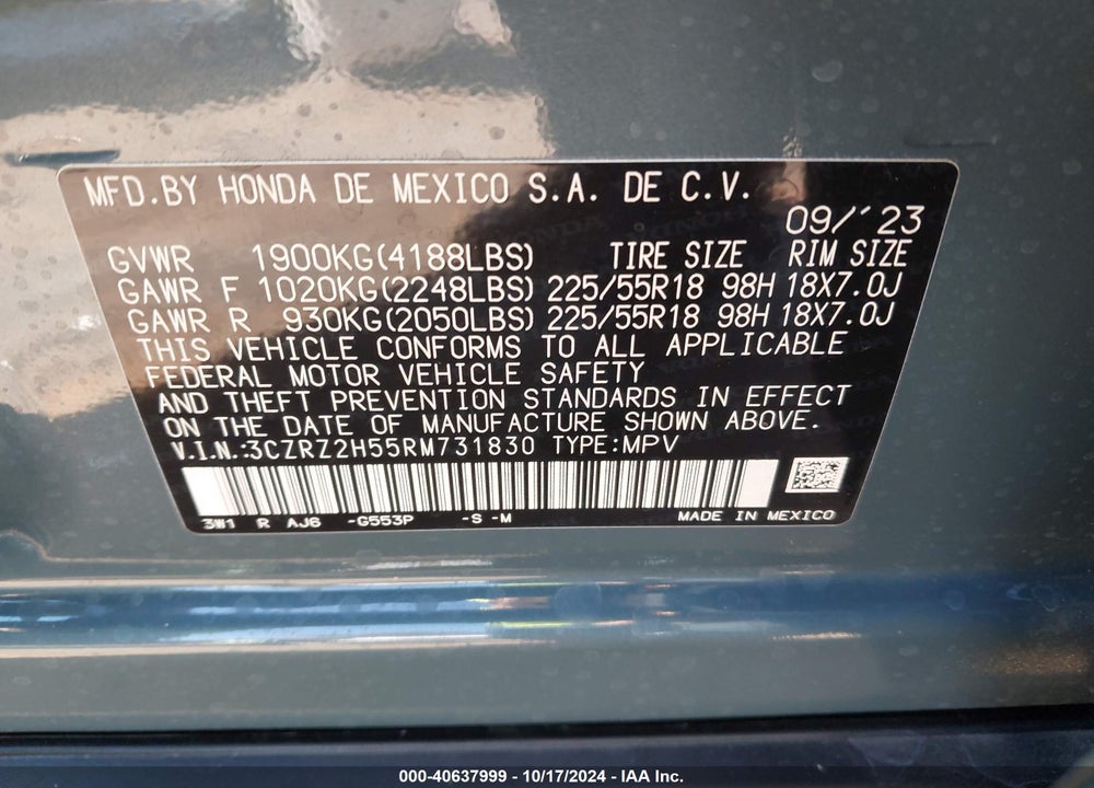 2024 HONDA HR-V VIN: 3CZRZ2H55RM731830