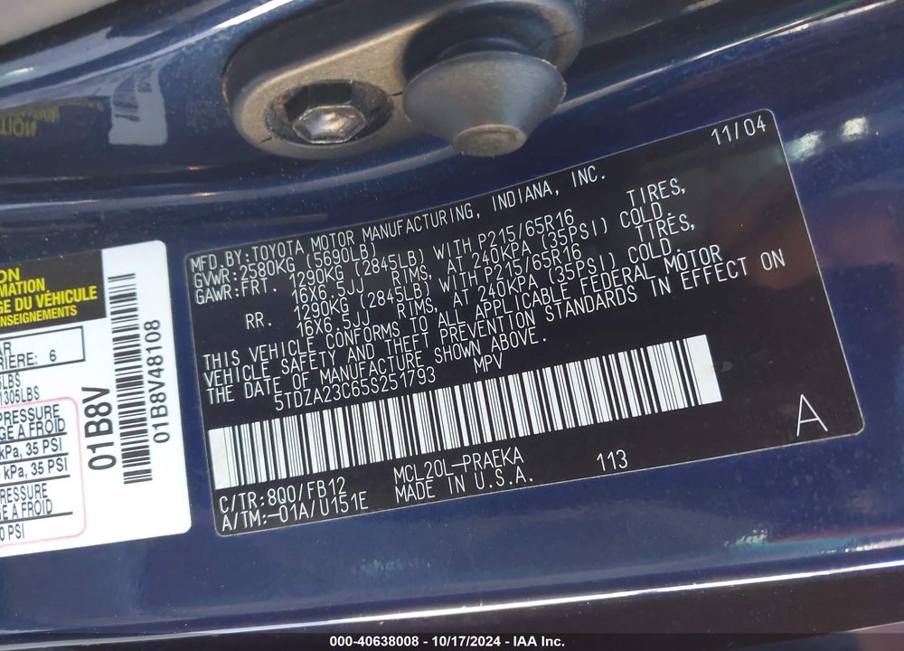 2005 TOYOTA SIENNA LE VIN: 5TDZA23C65S251793