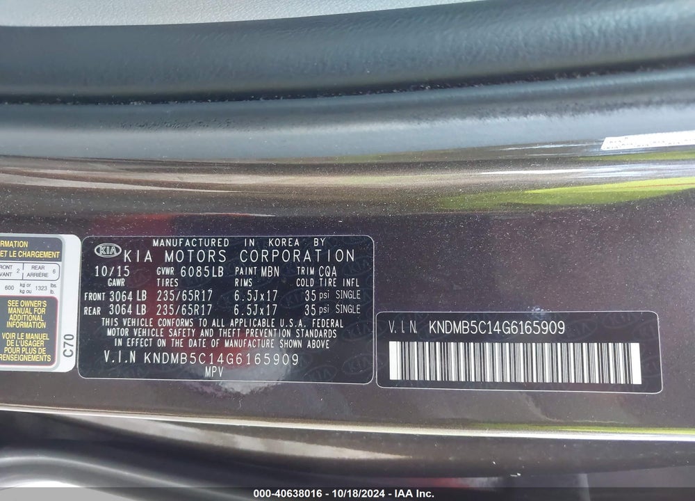 2016 KIA SEDONA LX VIN: KNDMB5C14G6165909