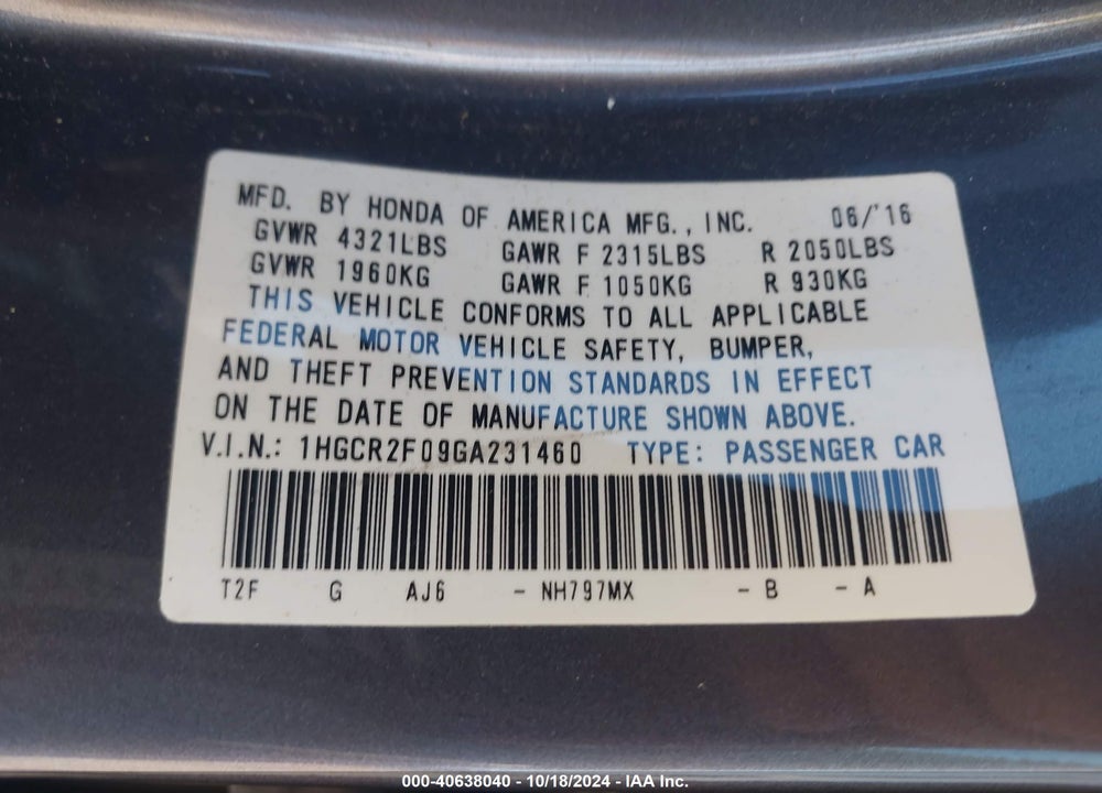 2016 HONDA ACCORD EX VIN: 1HGCR2F09GA231460