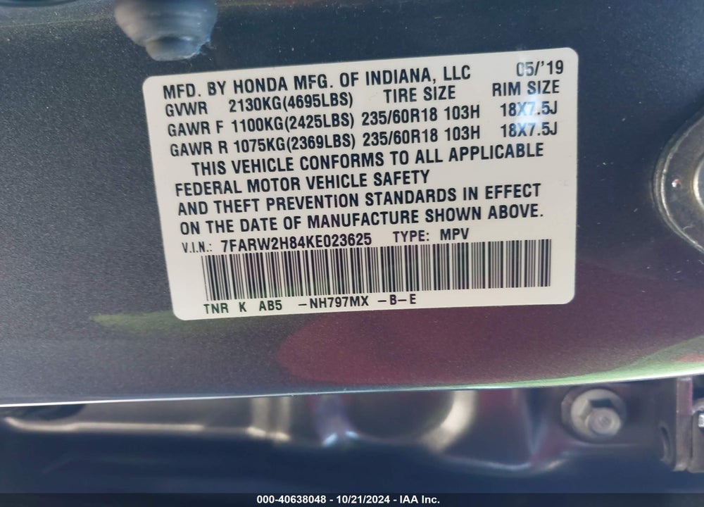 2019 HONDA CR-V EX-L VIN: 7FARW2H84KE023625