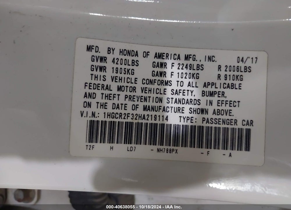 2017 HONDA ACCORD LX VIN: 1HGCR2F32HA219114
