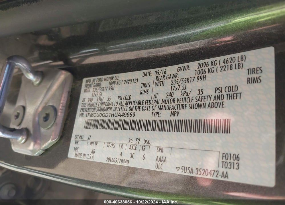 2017 FORD ESCAPE SE VIN: 1FMCU0GD1HUA49959