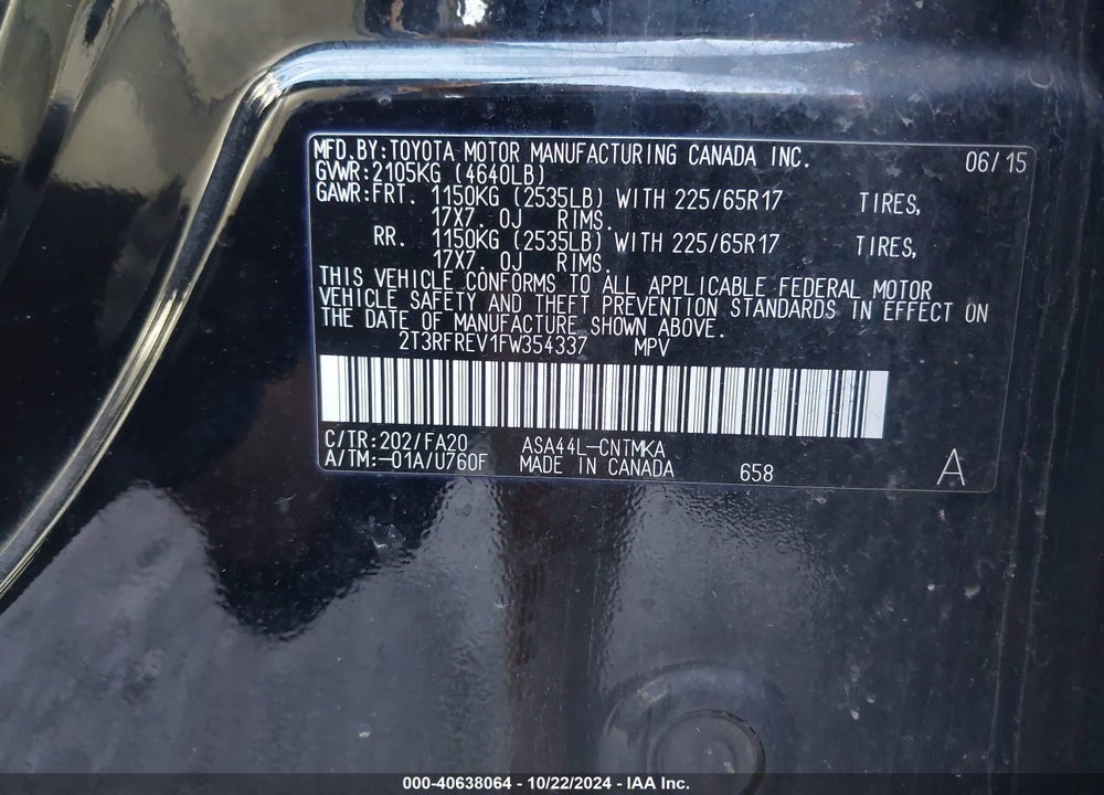 2015 TOYOTA RAV4 XLE VIN: 2T3RFREV1FW354337