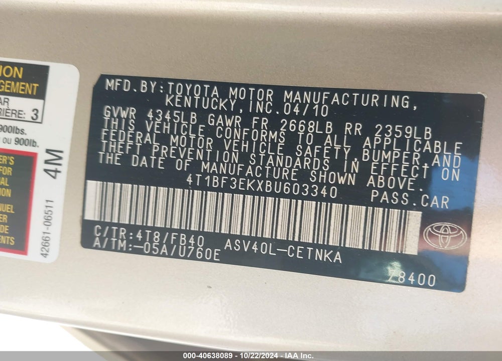 2011 TOYOTA CAMRY LE VIN: 4T1BF3EKXBU603340