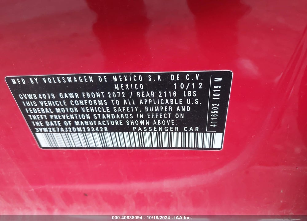 2013 VOLKSWAGEN JETTA 2.0L S VIN: 3VW2K7AJ2DM233428