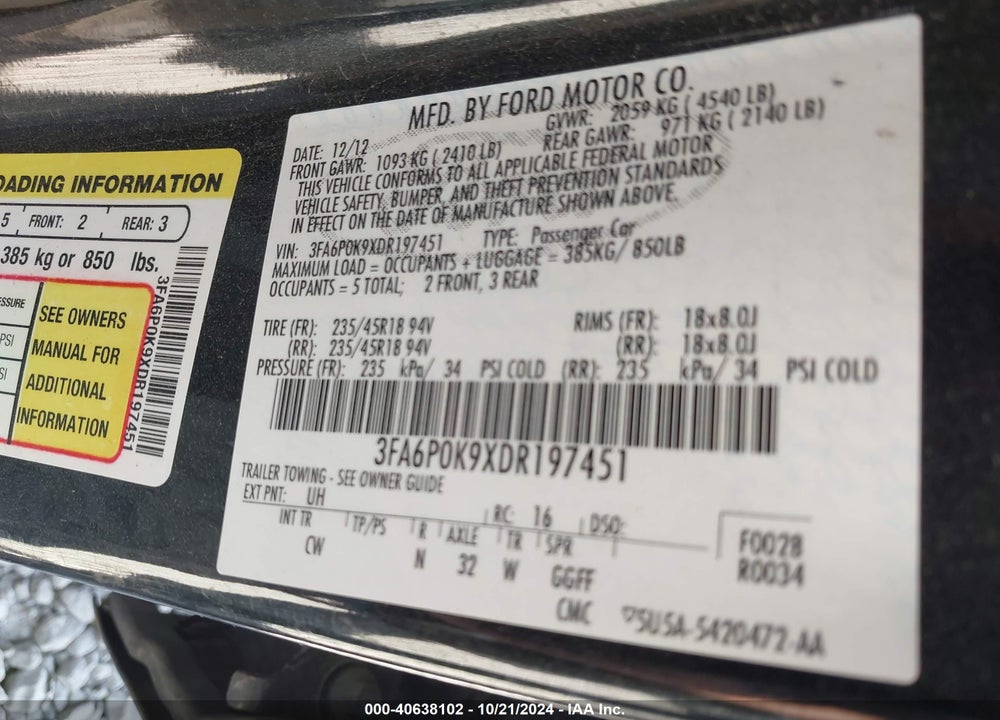 2013 FORD FUSION TITANIUM VIN: 3FA6P0K9XDR197451
