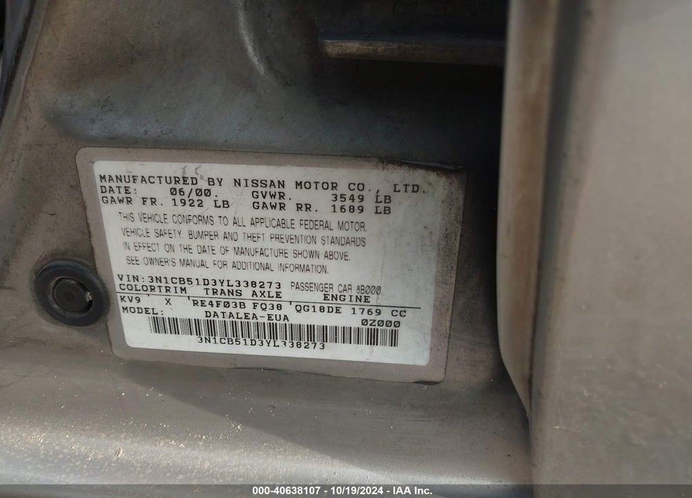 2000 NISSAN SENTRA GXE/XE VIN: 3N1CB51D3YL338273