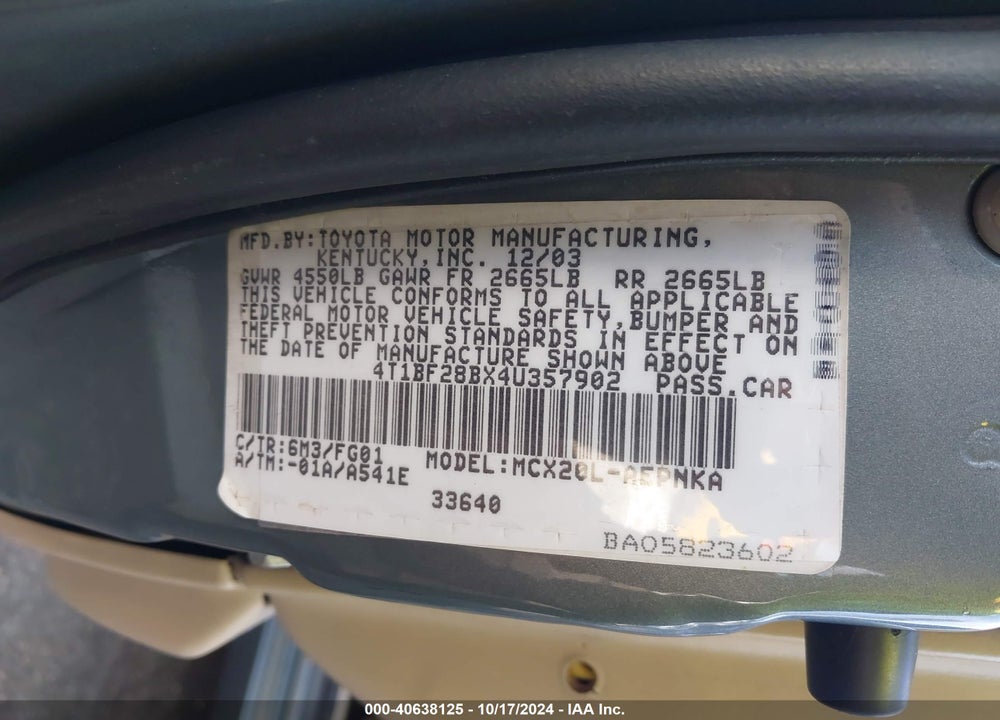 2004 TOYOTA AVALON XL VIN: 4T1BF28BX4U357902