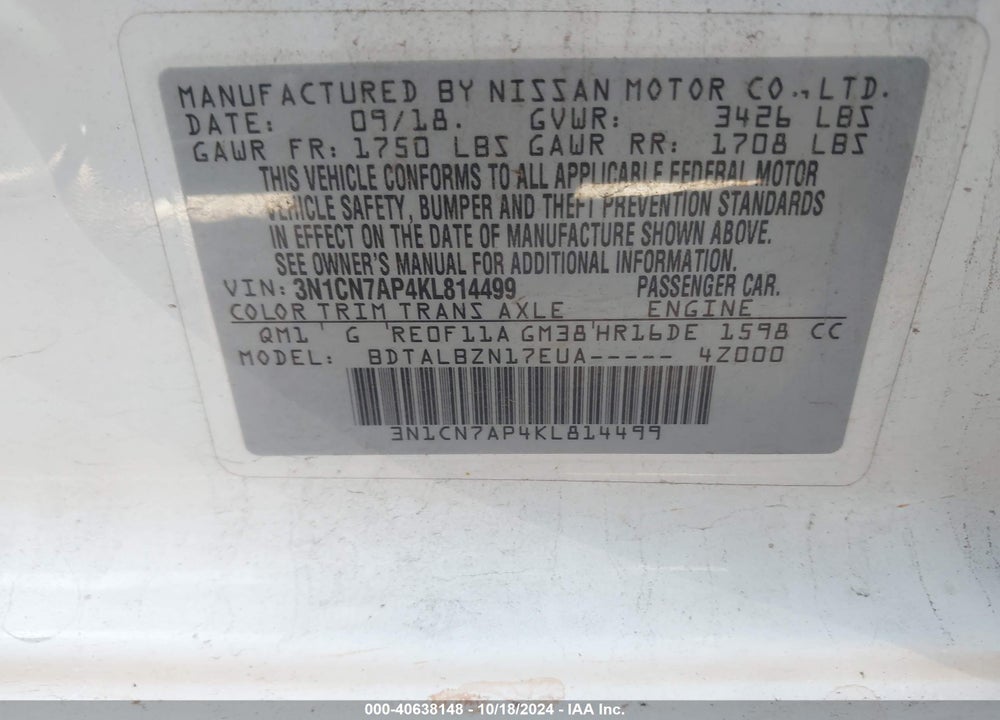 2019 NISSAN VERSA 1.6 SV VIN: 3N1CN7AP4KL814499