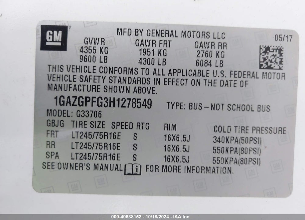 2017 CHEVROLET EXPRESS 3500 LT VIN: 1GAZGPFG3H1278549