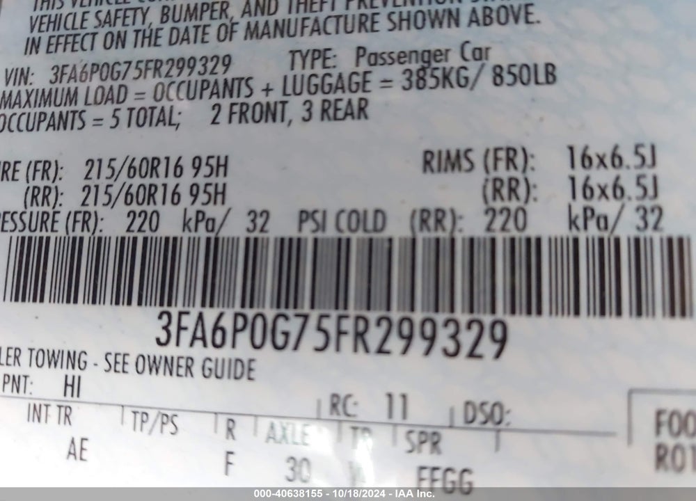 2015 FORD FUSION VIN: 3FA6P0G75FR299329