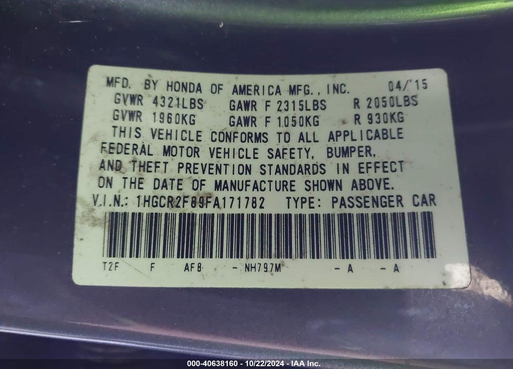 2015 HONDA ACCORD EX-L VIN: 1HGCR2F89FA171782