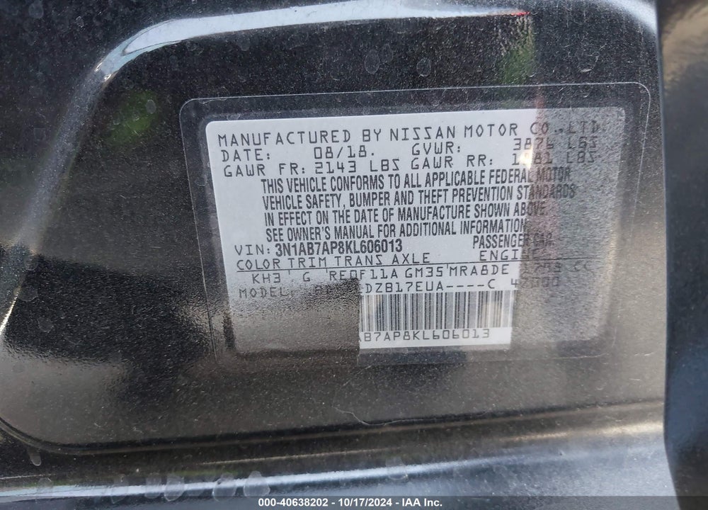 2019 NISSAN SENTRA SV VIN: 3N1AB7AP8KL606013