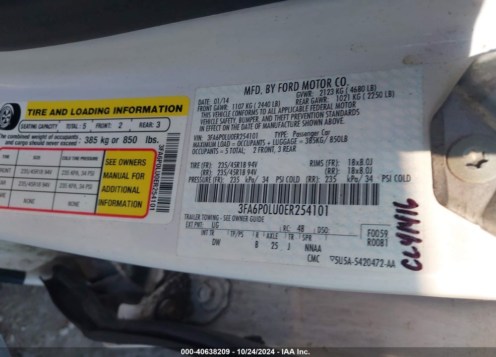 2014 FORD FUSION HYBRID SE VIN: 3FA6P0LU0ER254101