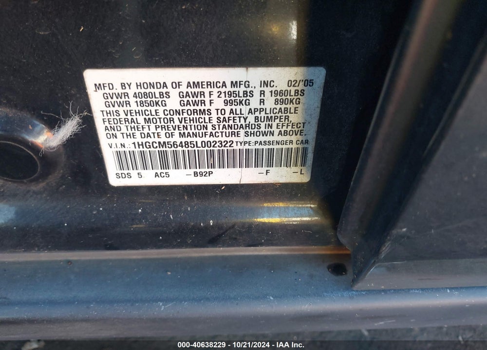 2005 HONDA ACCORD 2.4 LX VIN: 1HGCM56485L002322
