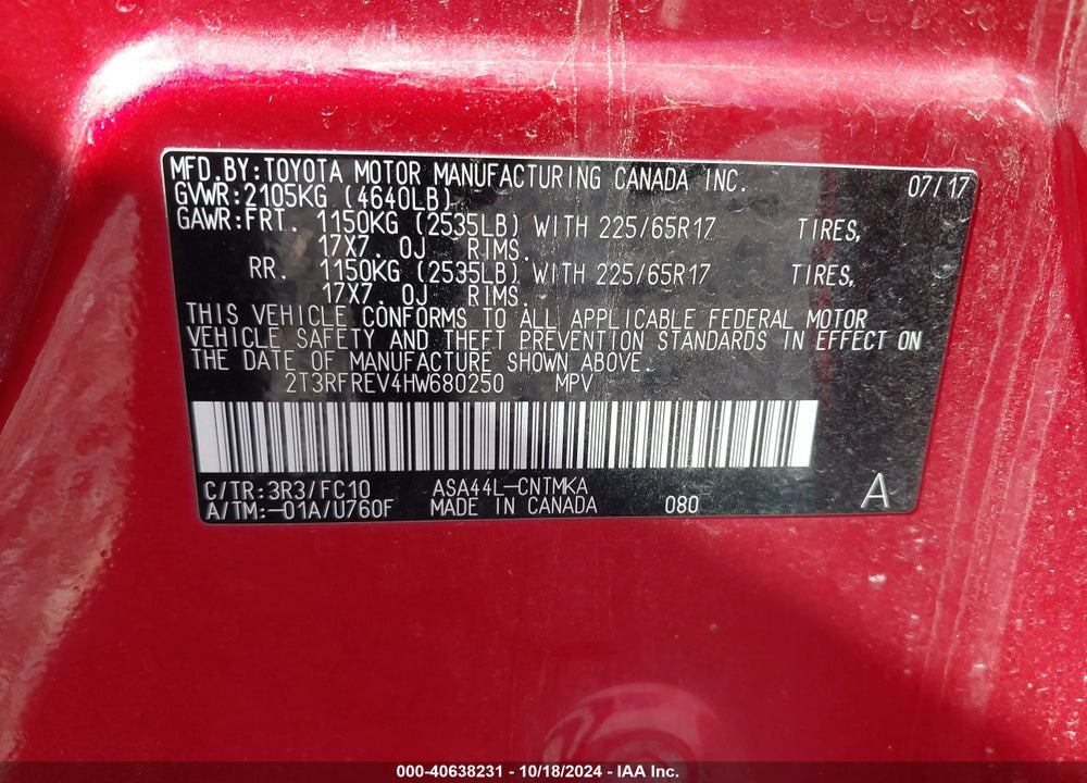 2017 TOYOTA RAV4 XLE VIN: 2T3RFREV4HW680250