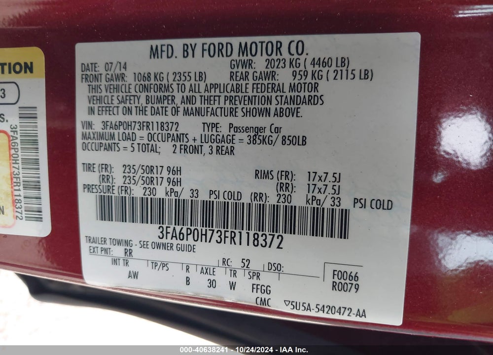 2015 FORD FUSION SE VIN: 3FA6P0H73FR118372
