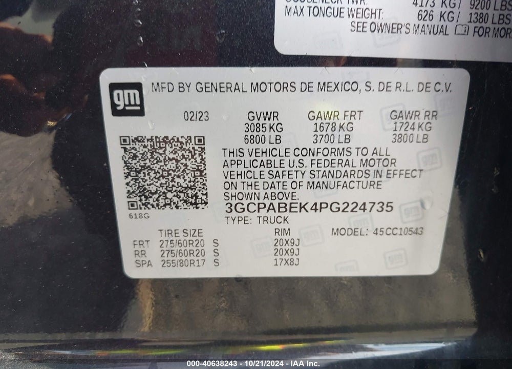 2023 CHEVROLET SILVERADO 1500 2WD SHORT BED CUSTOM VIN: 3GCPABEK4PG224735