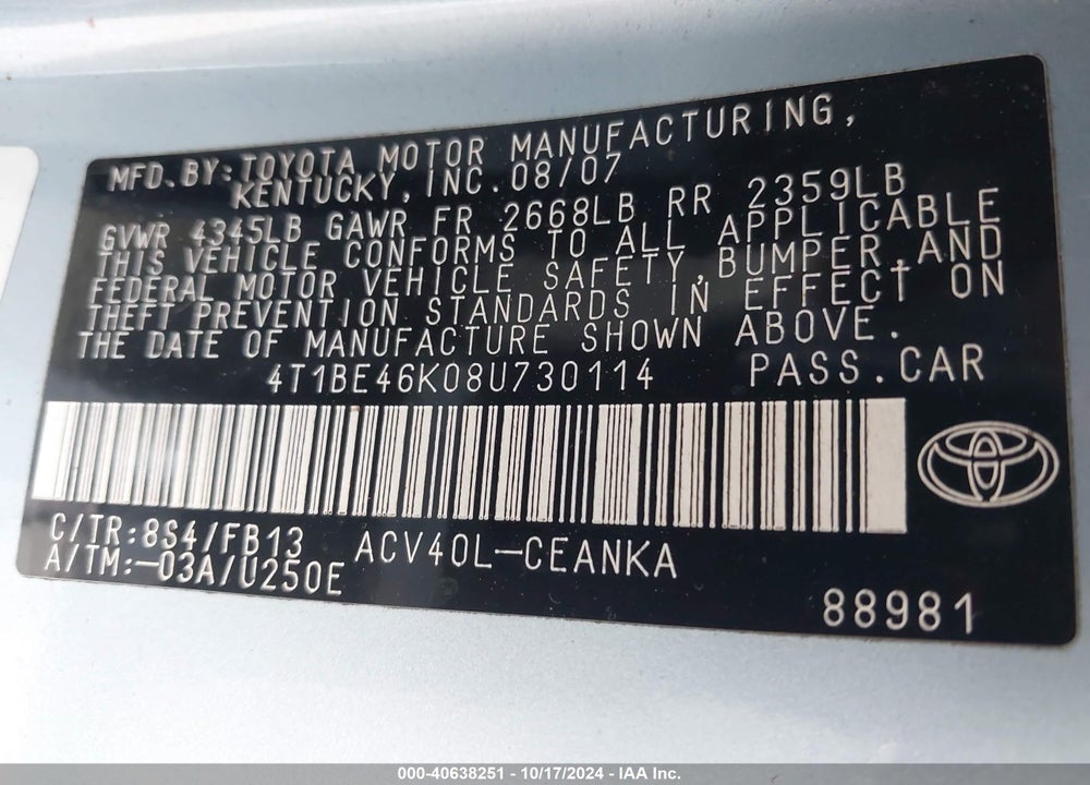 2008 TOYOTA CAMRY LE VIN: 4T1BE46K08U730114