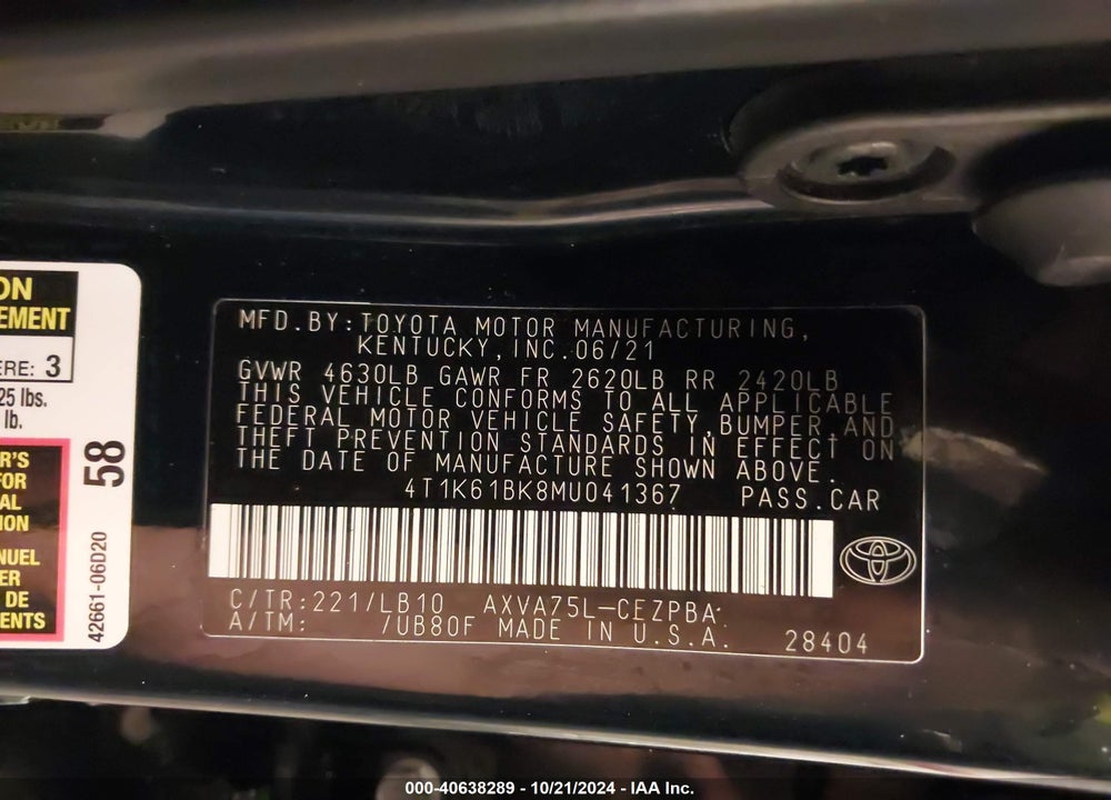 2021 TOYOTA CAMRY XSE AWD VIN: 4T1K61BK8MU041367