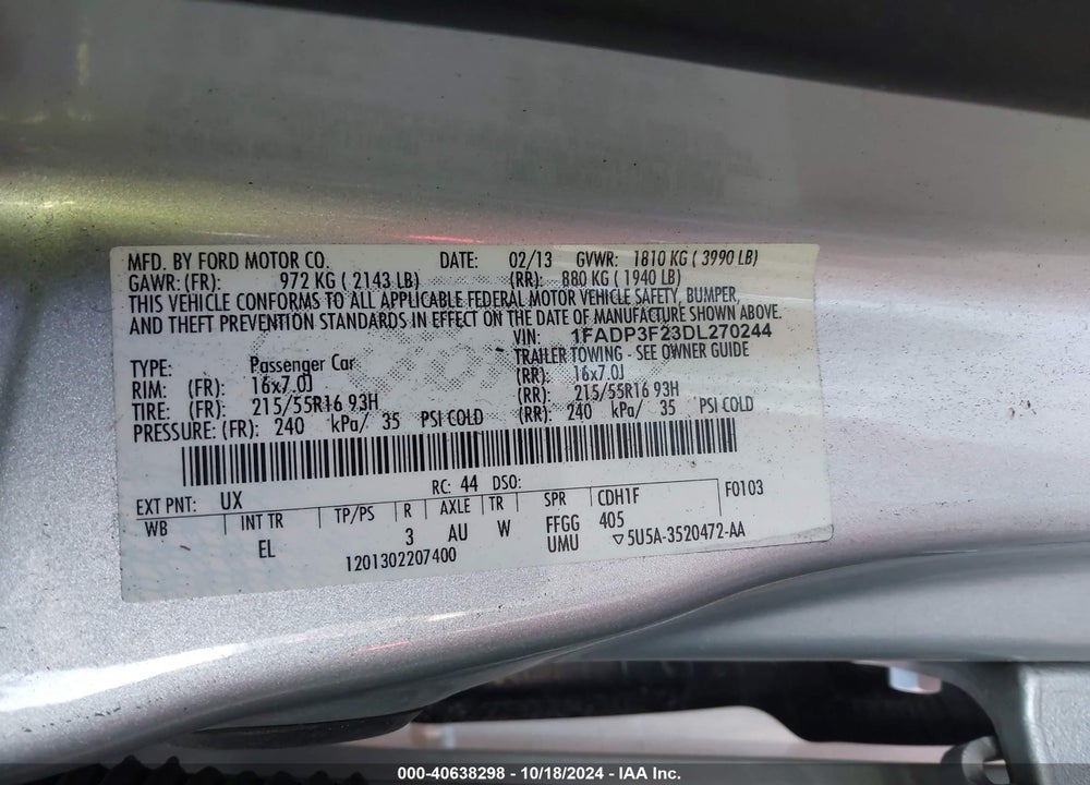 2013 FORD FOCUS SE VIN: 1FADP3F23DL270244