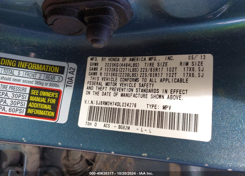 2013 HONDA CR-V EX-L VIN: 5J6RM3H74DL034276